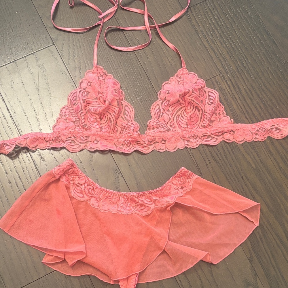 frederick's Lace Triangle Bralette & Sheer Skirted Panty Set - Coral Pink